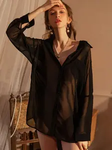 Seductive Solid Color Sheer Shirt, No Removal Required for This Playful Nightwear, Loose Long Sleeves for Allure. Fabric Loungewear Womenswear Knit （Fits 88-165lbs）