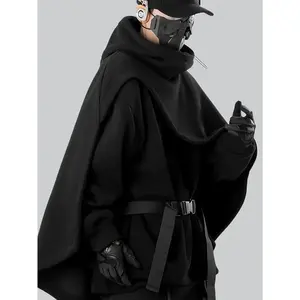 Men’s trendy functional high-collar cloak hoodie two-piece set with cape jacket — long-sleeve black streetwear hoodie for autumn outfits (single top, belt accessories not included).