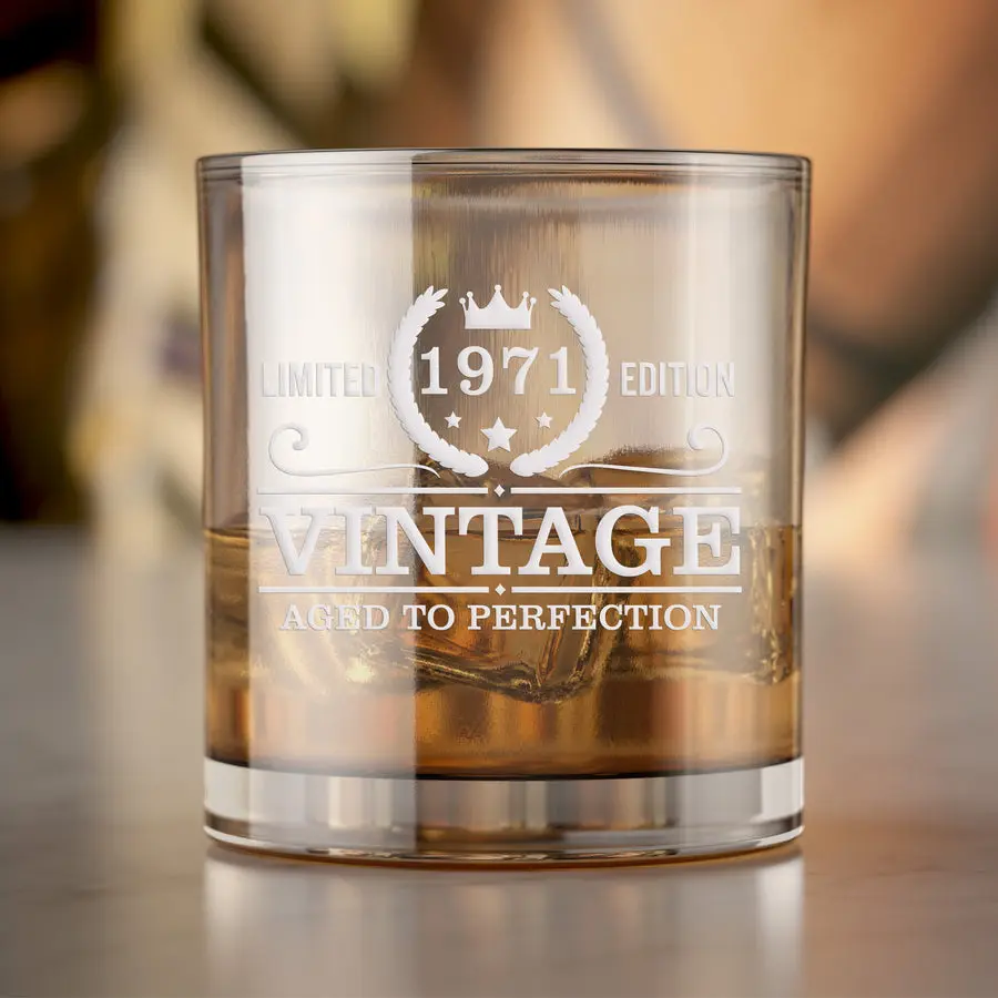 Birthday Limited Vintage Round Rocks Glass High quality laser engraved whiskey glasses, Personalize your handwriting Gifts for couples, Home Decor & Gifts, Halloween, Funny gift for men and women, Drinkware