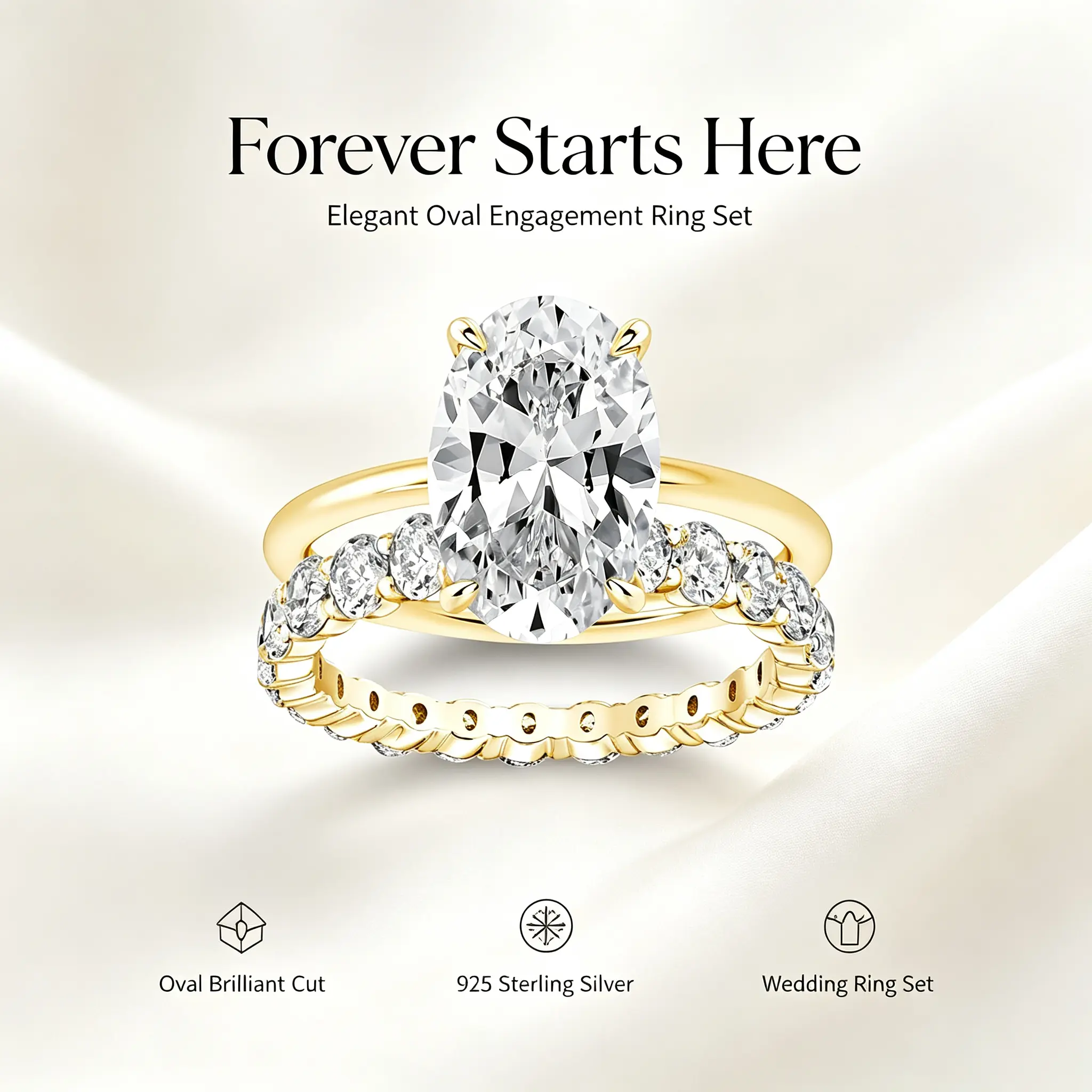 2CT Elongated Oval Moissanite Bridal Ring Set, S925 sterling  Solitaire Engagement & Eternity Wedding Band queen ring