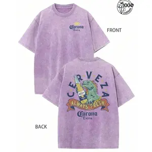 Graphic Tee Featuring Lizard Holding a Beer, "Corona Extra Always Fresh" Print, Retro Washed 230G Pure Cotton, Double-Sided Design, Crew Neck Short Sleeve, Regular Fit, Vintage Streetwear, Unisex Casual Top for Men & Fall Wear BFB