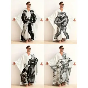 Men's Plush V-Neck Kaftan Tom of Finland Robe - Fleece Lined Long Sleeve Minimalist Loungewear, Winter Warm Oversized House Coat, Soft Bathrobe for Men, Gift for Him, Clean Design No Hood