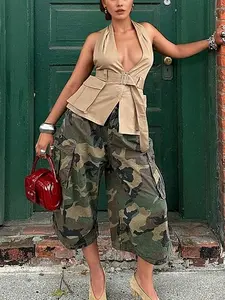 Women's Camo Pants, Street Fashion Casual Comfy Loose Wide Leg Cargo Pants Pockets, Fitted Natural Waist Sportswear, Camo Print Pants, Casual Streetwear Trousers, All Seasons, Casual Bottom