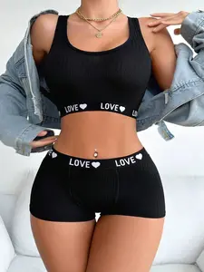 Yoga Ladies' Bra & Boyshorts Underwear Set With Letter-Printed Elastic Tape Sleeveless Summer Casual-Comfy Strapless Black Knitted Fabric - Womenswear