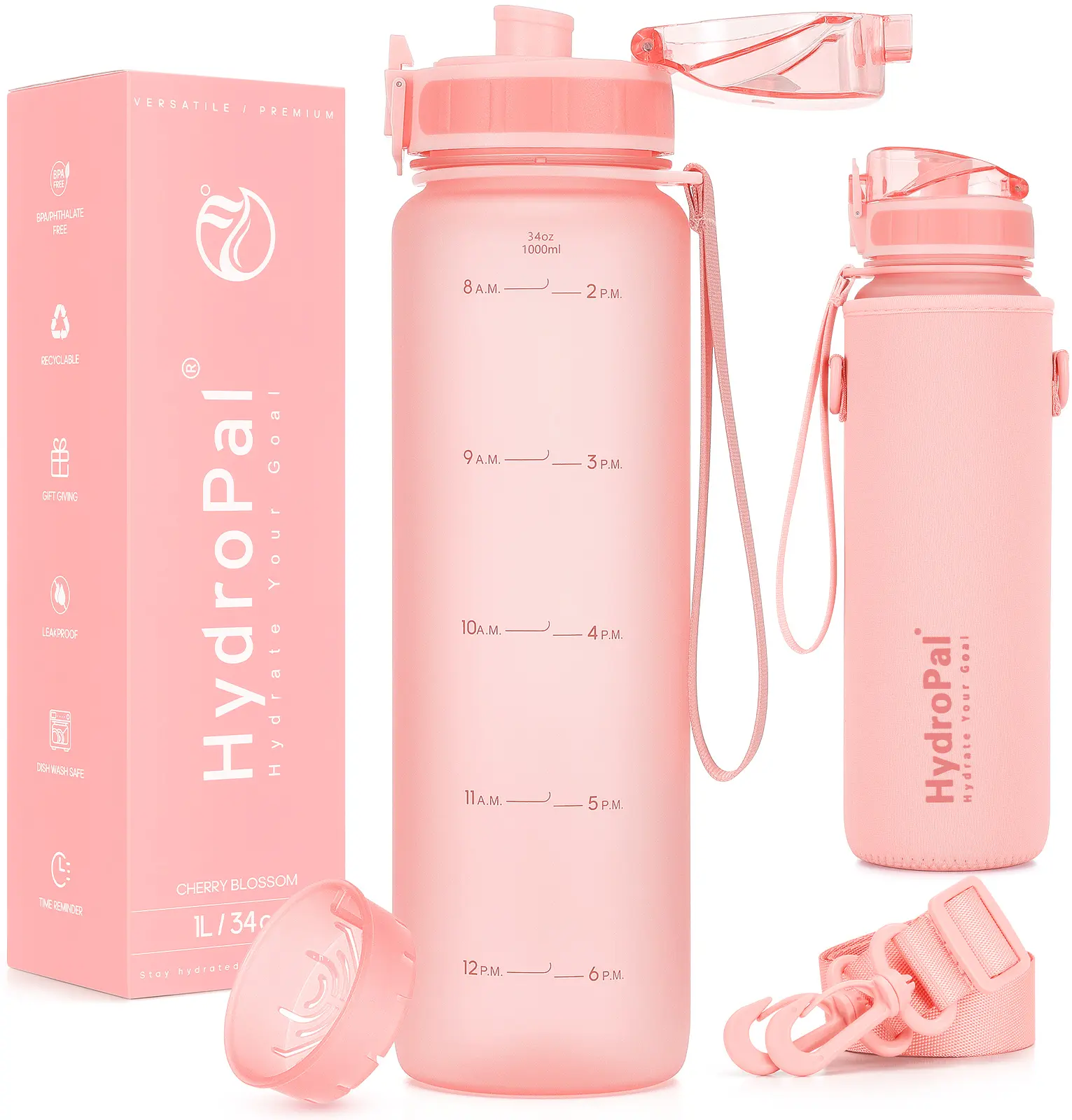 HydroPal 1000ml Sports Water Bottle with Time Marker and Strap 1L/34oz Portable Drinkware for Daily Use Tumbler