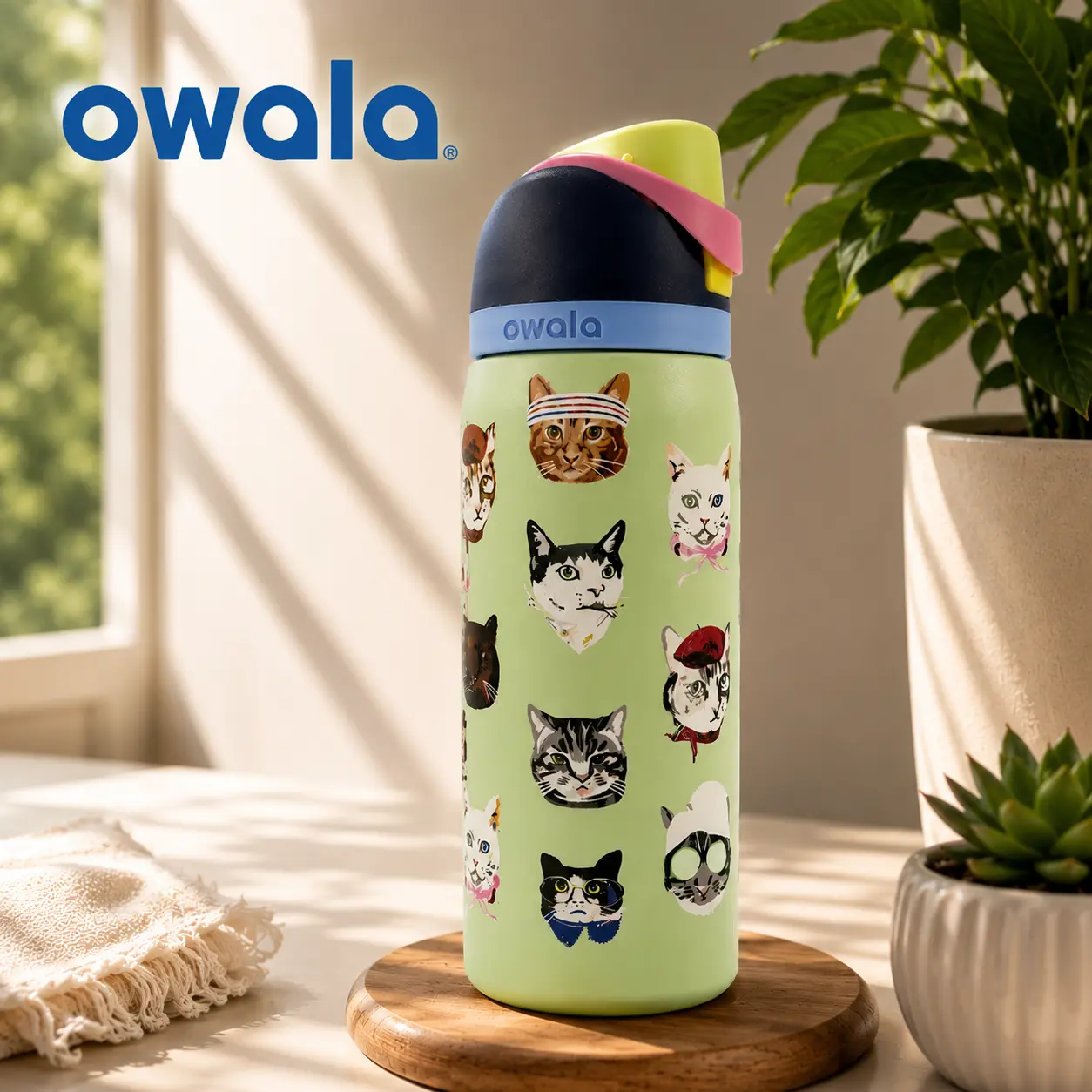 Owala UO Exclusive Cat Collage FreeSip 32 oz Green Water Bottle Limited New In Box