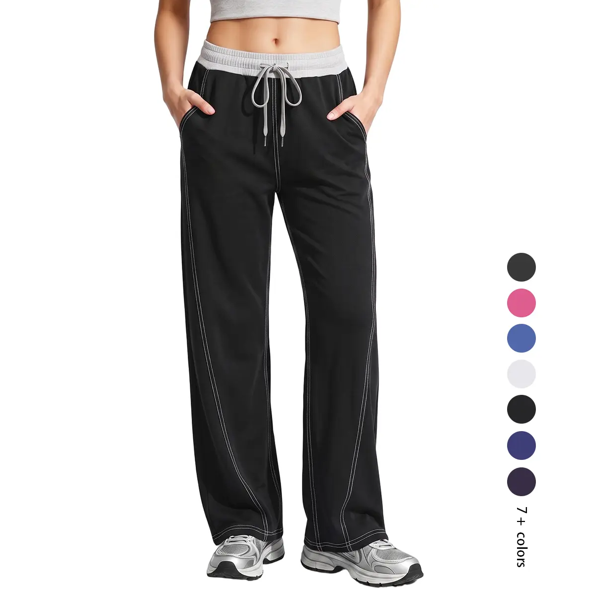 MIMEI Womens Sweatpants High Waisted Baggy Stretchy Black Work Pants with Pockets Elastic Waist Drawstring Wide Leg Pants for Women Lounge Casual Pants for Work Gym Sweat Trousers
