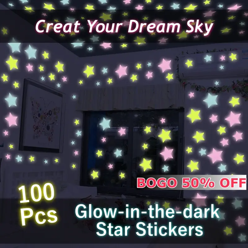 100Pcs Luminous Glow in The Dark Star Stickers Wall Decals Night Glowing Ceiling Decorations Fluorescent Wall Stickers for Bedroom Kids Room Nursery Home Decor
