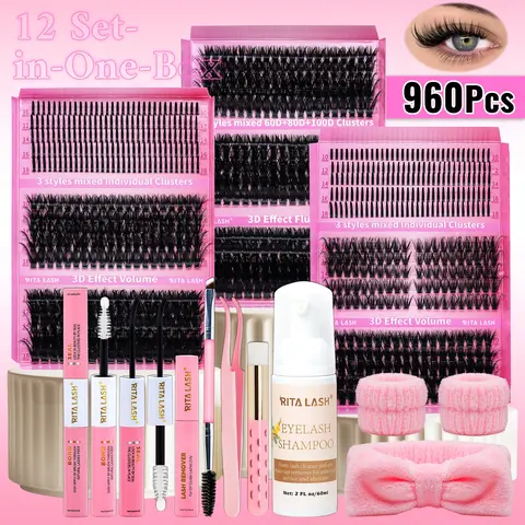 RITALASH 960PCS, Eyelash Extension Supplies, Diy Eyelash Extensions, Eyelash Extension Set, Spike&Cat Lash D Curl Individual Eyelashes Set With Lash Bond&Seal Lash Remover Tweezers Dual-Ended Brush Shampoo&Brush Diy Lash Tools
