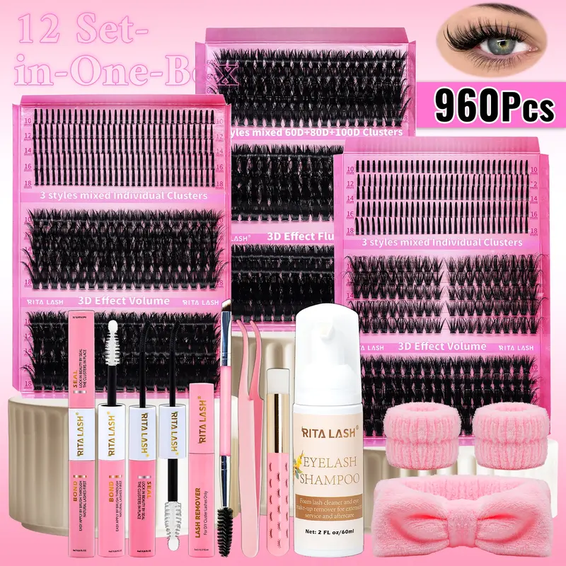 RITALASH 960PCS, Eyelash Extension Supplies, Diy Eyelash Extensions, Eyelash Extension Set, Spike&Cat Lash D Curl Individual Eyelashes Set With Lash Bond&Seal Lash Remover Tweezers Dual-Ended Brush Shampoo&Brush Diy Lash Tools