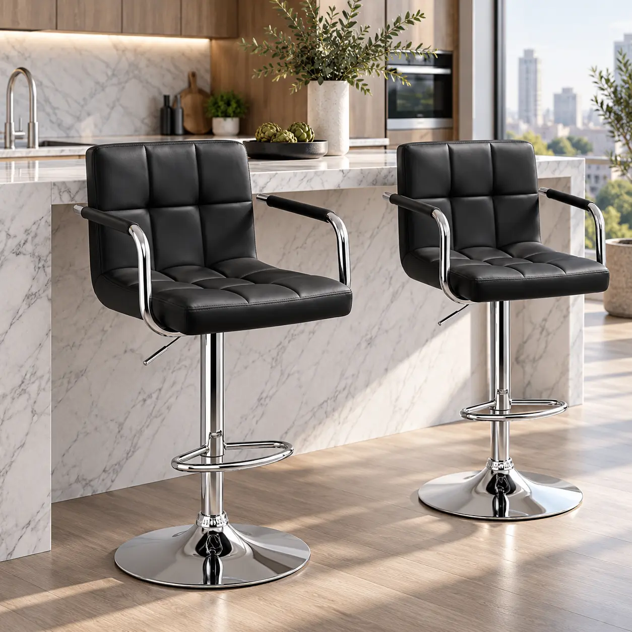 Costoffs Set of 2/4 Adjustable Height Swivel Bar Stools with Arms, Modern PU Leather Counter Swivel Chairs, Gas Lift, Back Support, 331 lb Capacity, Anti-Oxidation Coating, Assembly Required, Home Kitchen Island Furniture, Set Of 4