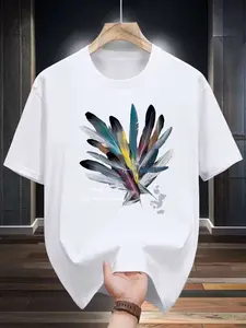 Men's Casual Sporty Short Sleeve Shirt, Casablanca Print, Comfortable Round Neck T-Shirt for Outdoor Gym Shopping, Trendy Versatile Men's Clothing