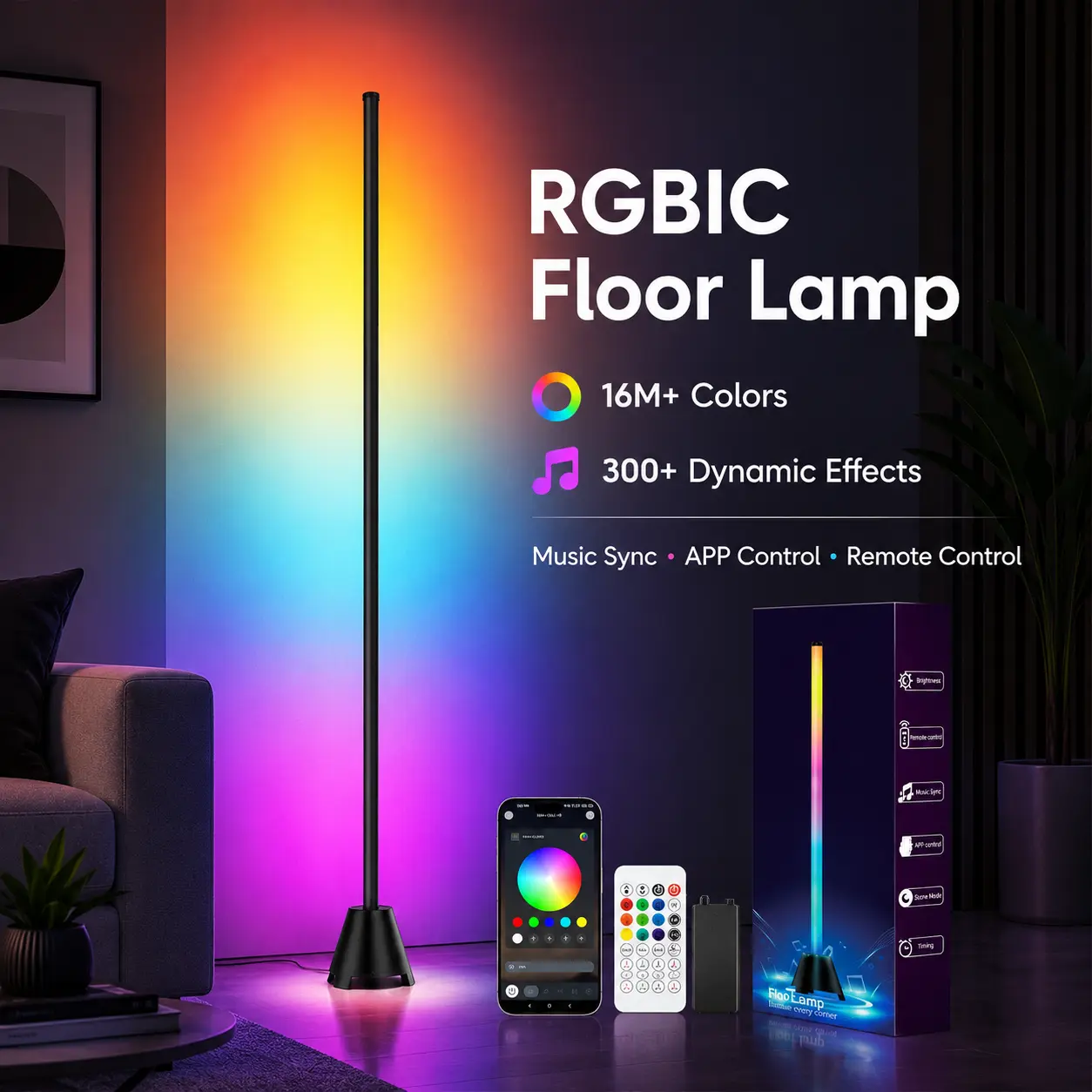 Smart RGB LED bluetooth speaker Corner Floor Lamp - LED Bright Standing Lamp with APP & Remote, Music Sync, 16M Colors for Living Room, Bedroom Ambient Lighting
