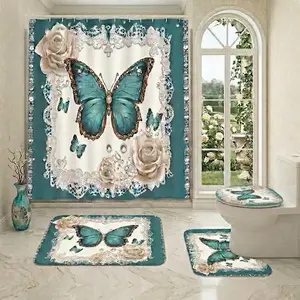 4pcs An elegant blue butterfly shower curtain set—soft, thick lace print, rose and pearl embellishments, a gentle and romantic style, Bathroom Decoration Accessories