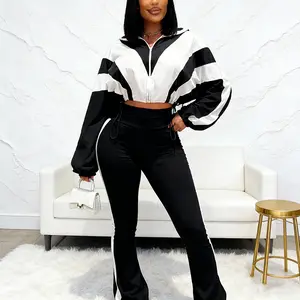 Halfword Patchwork Tracksuit Women's Purple/White Fashion Casual Sport Crop Zip-Up Jacket & High-Waisted Skinny Pants Set Soft Stretchy Polyester Spandex for Jogging Sports Athleisure