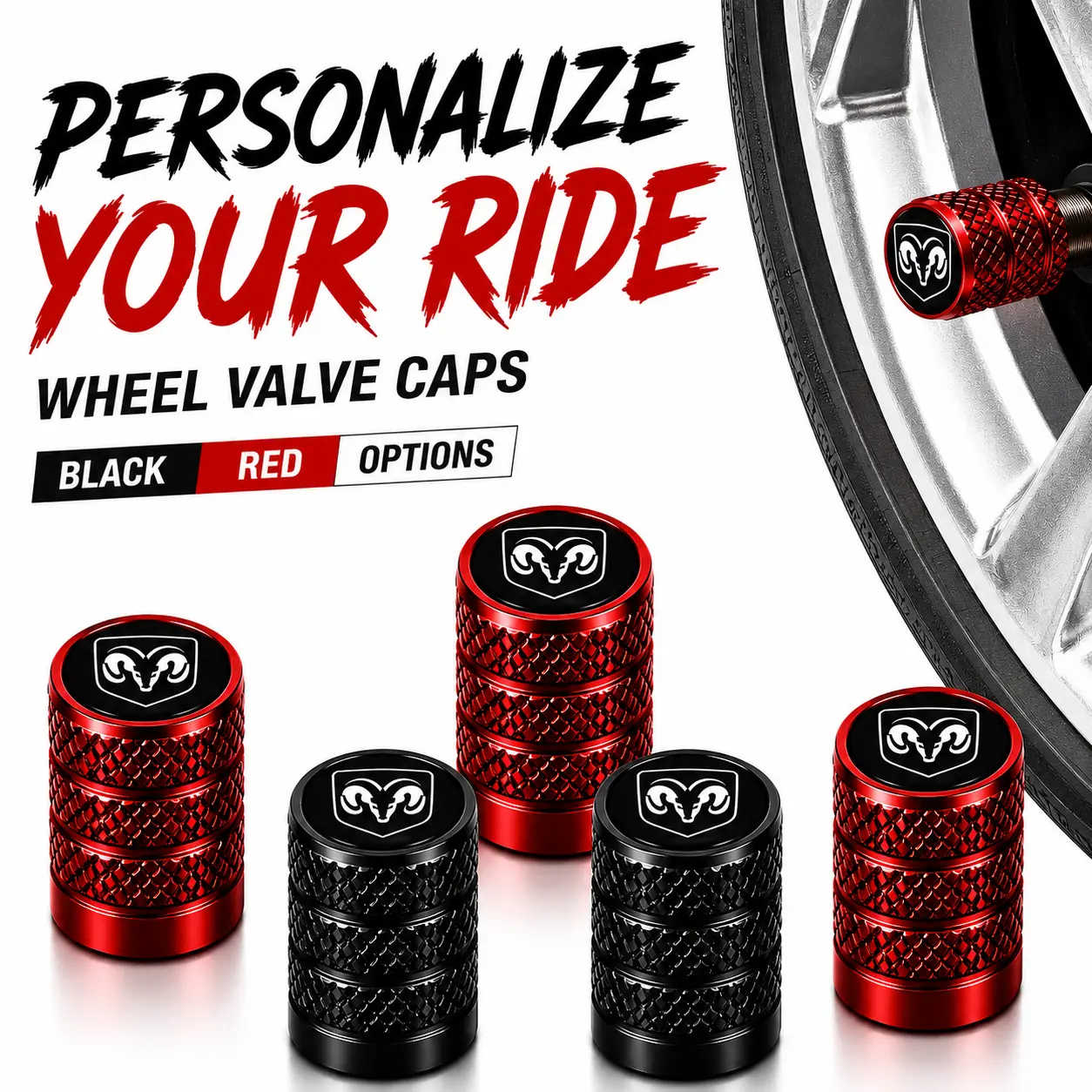 5 Pack Ram Logo Heavy Duty Knurled Aluminum Tire Valve Stem Caps, Rubber O-Ring Leakproof Waterproof Anti-Corrosion Dust Proof, Fit 1500 2500 3500 ProMaster Pickup Van, Universal Schrader Valve Install TPMS Safe Auto Wheel Mod Decor Parts
