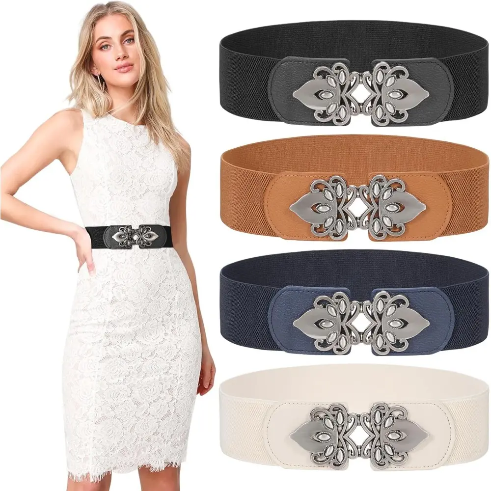 Pet Supplies 4-Pack Fashion Vintage Adjustable Stretch Band Belts for Dresses - 32"-36" Adults' Cinch Belt with Buckle