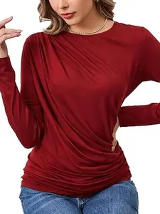 M.Infisavo Women's Ruched Blouse Elegant Crew Neck Long Sleeve Business Casual Work Knit Top Breathable Rayon Blend - Fashion