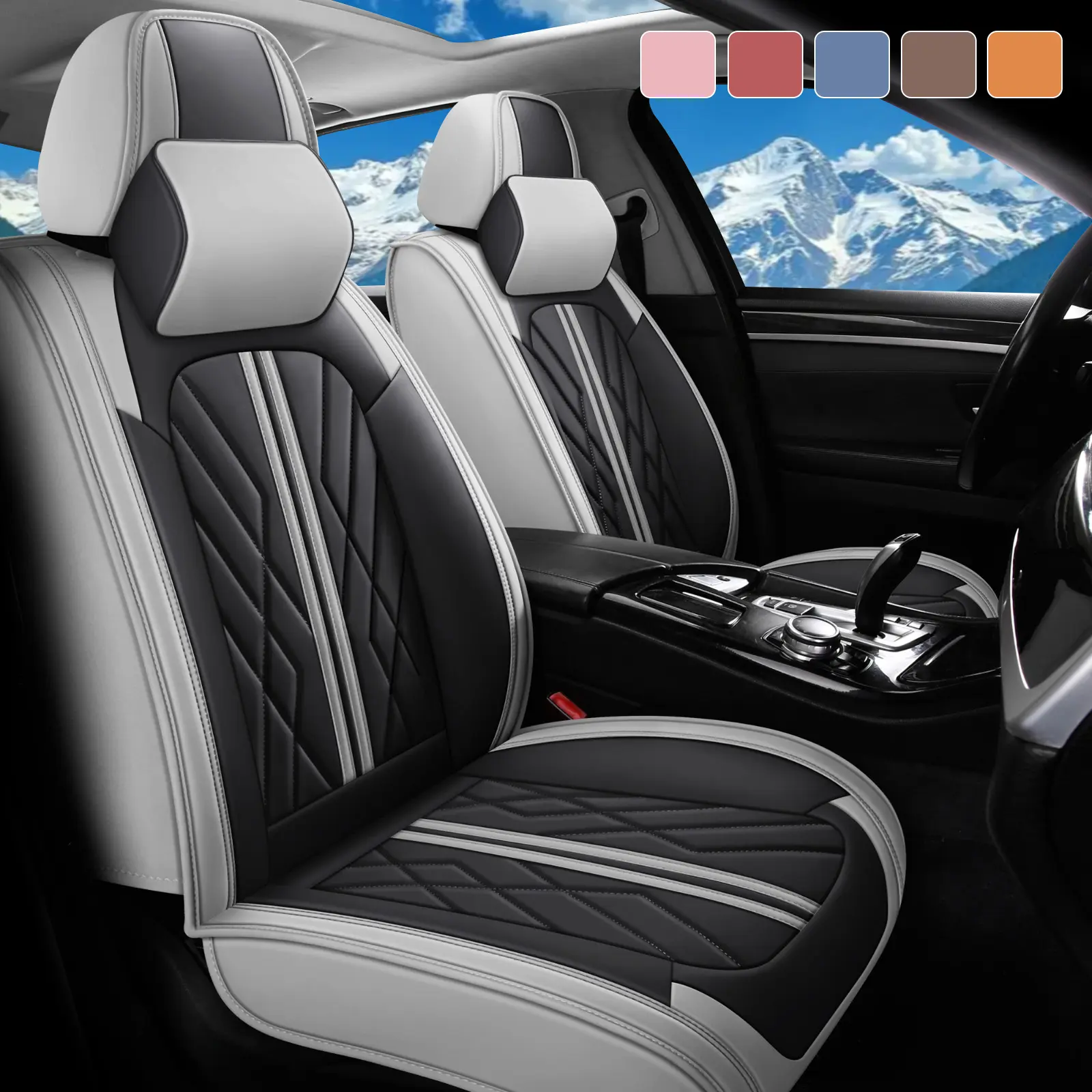 Car Seat Covers Set - Waterproof Nappa Leather with 2 Foam Memory Headrests, Storage Pockets, Airbag/Heated-Seat Compatible for Cars, SUVs, Trucks