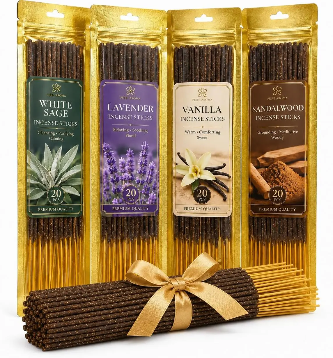 RAINFLOW Natural Incense Sticks - 80 White Sage Sandalwood Lavender Vanilla | 4 Scents for Meditation, Spiritual Cleansing, Home Fragrance, Relaxation, Yoga, Aromatherapy, Indian Scented Gift Set