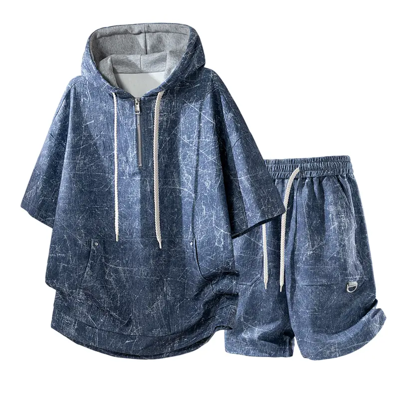 Men's 2-Piece Hooded Half-Zip Tie-Dye Short-Sleeve T-Shirts Set with Drawstring, Summer Loose Casual Sports Clothes, Premium Quality Everyday Wear, Father’s Day Gift Option