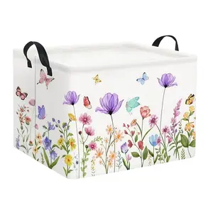 Bohemian Flower Basket Foldable Storage Basket Spring Wildflower Dandelion Gift Box Plant Butterfly Decorative Bedroom Bohemian Floral Decoration Floral Pattern Basket
