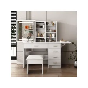 Maximum discount  Montary 43.3 Lights Sliding 3 Colors Lighted Mirror Vanity Desk Set With Stool 5 Drawers Foldable Table Board To Store Jewelry And Makeup For Bedroom Dressing Room