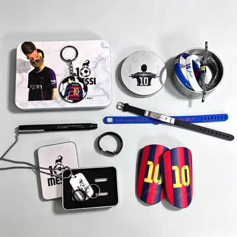 Unisex Number 10 Goat Soccer Fan Gift Box - Kids' Cartoon Merchandise Set with Cute Keychain, Pendant Necklace, Rings, 5 Wristbands, 1 Pair of Shin Guards, Pen for Game-Day Gifting Supplies