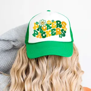 Retro Packers Trucker Hat for Women and Teens - Green and Yellow Team Pride Adjustable Cap - Girly  Flower Power Snapback