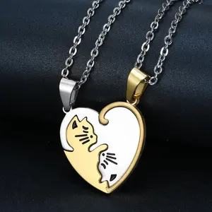 2pcs Creative Cute Cat Patchwork Heart-shaped Stainless Steel Pendant Necklace Suitable for Birthdays and Valentine's Day Gift Jewelry Gold Plated Amulet Minimalist Chain
