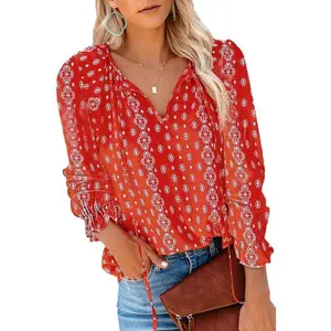 Women's Casual Boho Floral Printed V Neck Tops Drawstring Short Long Sleeve T Shirt Blouses Summer Pants Elegant Red Womenswear Bohemian