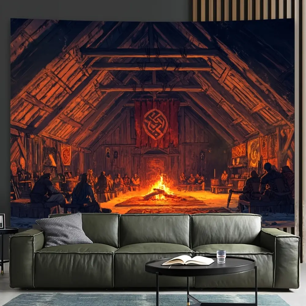 Viking Longhouse Polyester Backdrops & Banners - Lightweight, Colorful, Holiday Decor with Cozy Firelight Scenes, Suitable for Living Room & Bedroom, Unique Gift Option, Detailed Wall Art for Warm Atmosphere