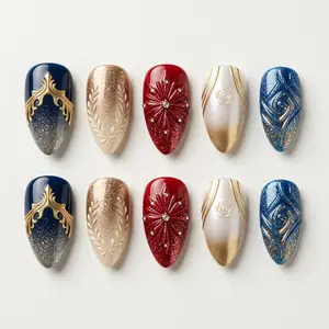 Navy Red Almond Press on Nails, Patriotic Gold Star Fake Nail Set, Glitter Accent, Ornate 3D Detail, Handmade Custom, Reusable