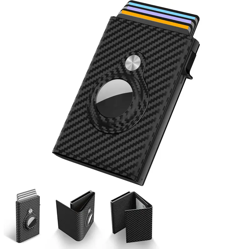 Mens Smart Wallet Card Holder for AirTag Leather, RFID Blocking, Slim, Carbon Fiber, Minimalist 6-9 Card Capacity ID Window Cash Slot`