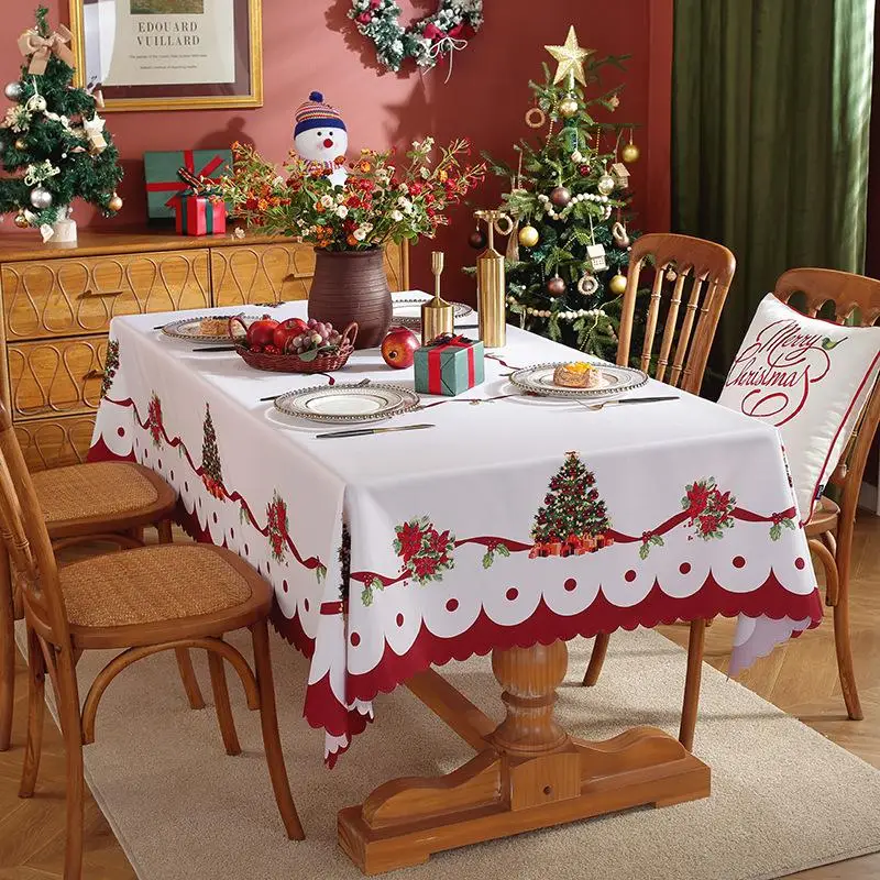 Christmas Themed Tablecloth, 1 Count Holiday Flower & Tree Pattern Tablecloth, Decorative Christmas Tree Table Cover for Home Kitchen Dining Room Par