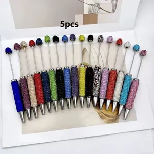 5-Pack DIY Full Diamond Beaded Pens, Beadable Pens, Aesthetic Pens, Ink, Creative Holiday Stationery, Elegant Design, Office Essentials, Fashionable Writing Tools
