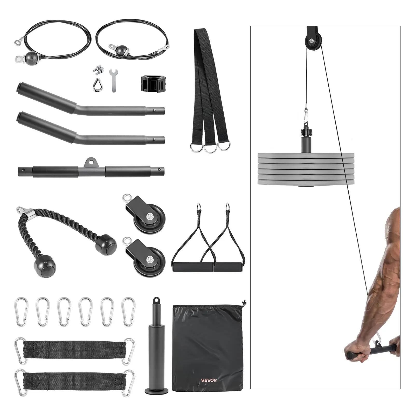 VEVOR 2-Piece LAT & Lift Pulley System, Unisex Gym Rack Attachment for Strength Training & Gym Workouts, Steel Cables, Short Bar, Dual Grip Handles, 330 lbs Capacity Cable Machine Accessory