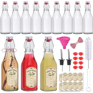 12 Pack 8oz Swing Top Glass Bottles, Square Flip Top Glass Bottles with Airtight  for Vanilla Extract,  Brewing, Kombucha, Vinegar, , soda, beverages - Included Complete Brewing Kit