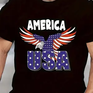 Eagle Print T-shirt, Men's Casual Street Style Stretch Round Neck Tee Shirt For Summer Sweatshirt Menswear