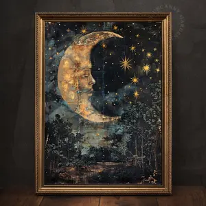 Celestial Witch Wall Art Print, Moon & Stars, Dark Academia Decor, Maximalist Wall Art Abstract Sky Art, Vintage Moon Face Printing, Room Decor, Unframed