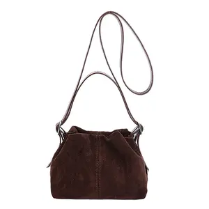 Women Slouchy Crossbody Shoulder Bag Vintage Suede Handbags Tote Handbag Drawstring Bucket Bag Satchel Everyday Purse