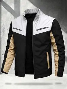 Men's Business Style Colorblock Stand Collar Jacket, Anti-Wrinkle Polyester, Long Sleeve, Fitted, All Seasons, Casual Wear