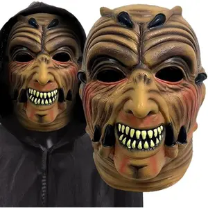 Horned Devil Halloween Mask with Hood,Piranha latex mask, classic film and television horror monster replica, suitable for horror movie enthusiasts, collectors, Halloween role-playing theme party costumes and accessories