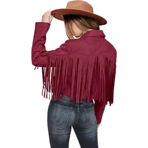 Women's Fringe Faux Suede Leather Jackets Fall Fashion Tassel Motorcycle Cropped Coats