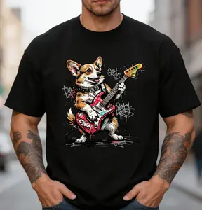 Rockin Corgi Vintage Graphic Tee Electric Guitar Graffiti T-Shirt Oversized Streetwear Unisex Heavy Cotton Corgi Lover Rock And Roll Top