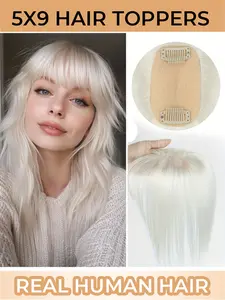 5cmX9cm Human Hair Toppers for Thinning Hair, Large Hand-woven Area Coverage Natural Hairpiece, Wiglet for Women Daily Human Hair Base-Natural Hair Piece, Topper Hair with Bangs, Center Part Hair Topper, Natural Looking Wigs