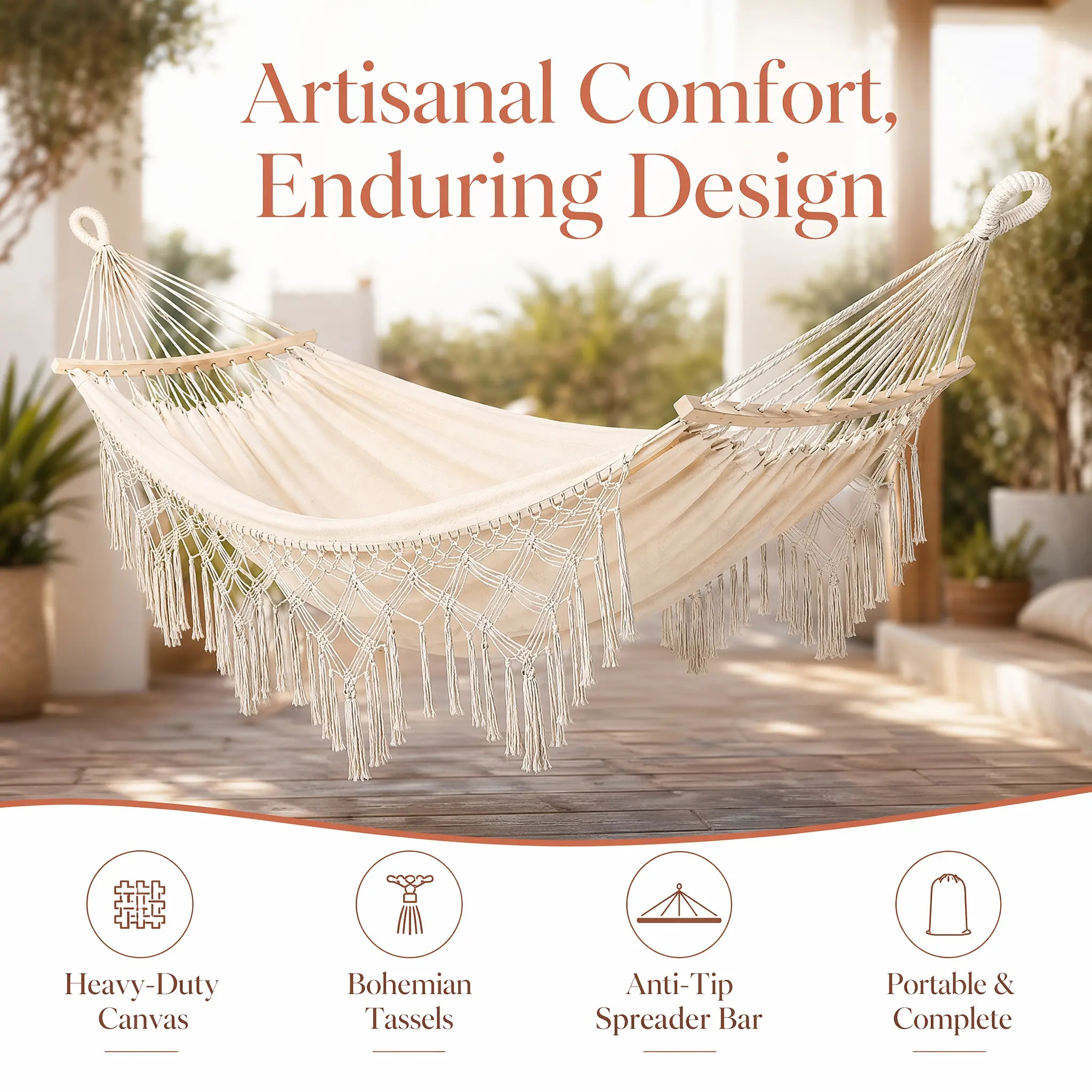 [Essential for patio decoration] 1 handmade woven canvas hammock + storage bag, anti-roll design, suitable for indoor and outdoor use, perfect for patio garden camping