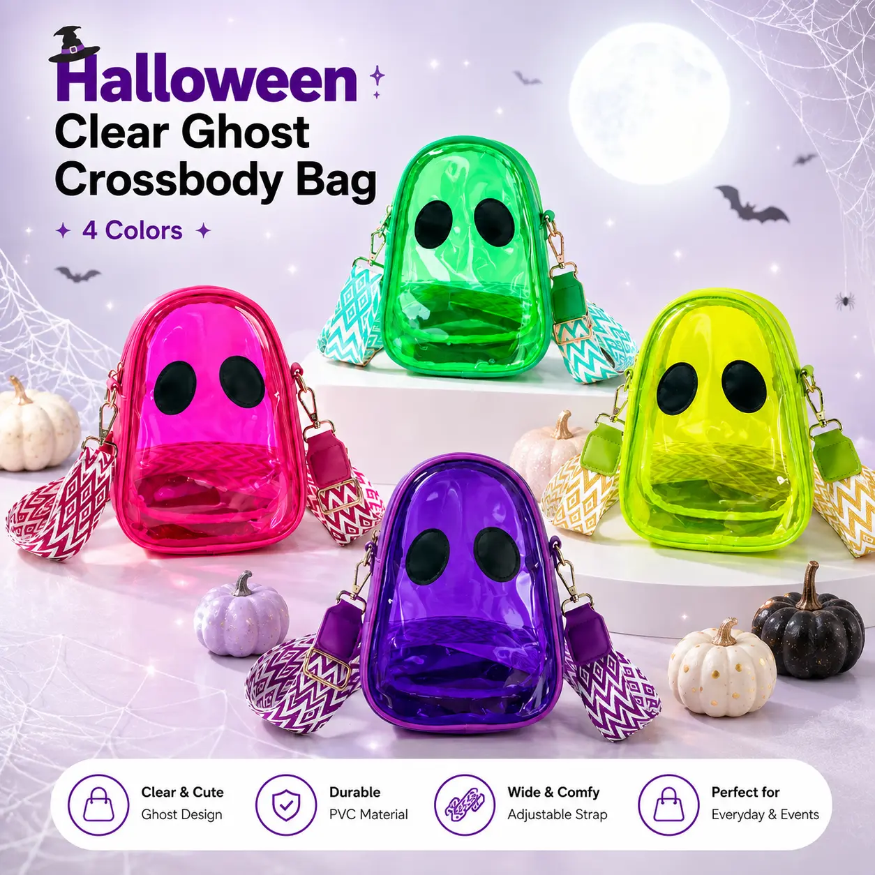 Clear Ghost Crossbody Bag, Transparent Jelly Stadium Style Purse with Wide Strap, Cute PVC Shoulder Bag for Concerts, Sports Events, Festivals, Halloween & Travel