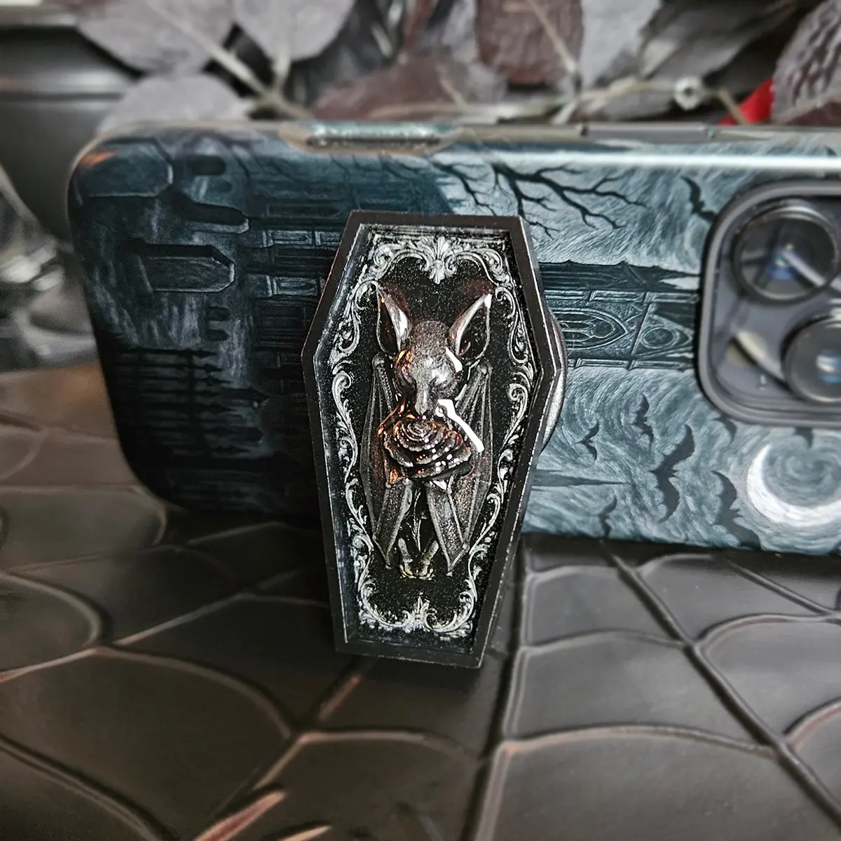 Coffin Bat Phone Grip & Stand, Clear Resin Coated, Hand Painted 3D Relief, available as MagSafe or Adhesive Grip