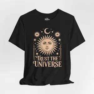 Women's spirituality, cosmic connection, trust in the universe, astrology Graphic T-Shirt - Short Sleeve Crew Neck Regular Fit Casual Wear | Soft & Breathable Fabric, Durable Print, Everyday Comfort, Machine Washable, bohemian, celestial, mystical,